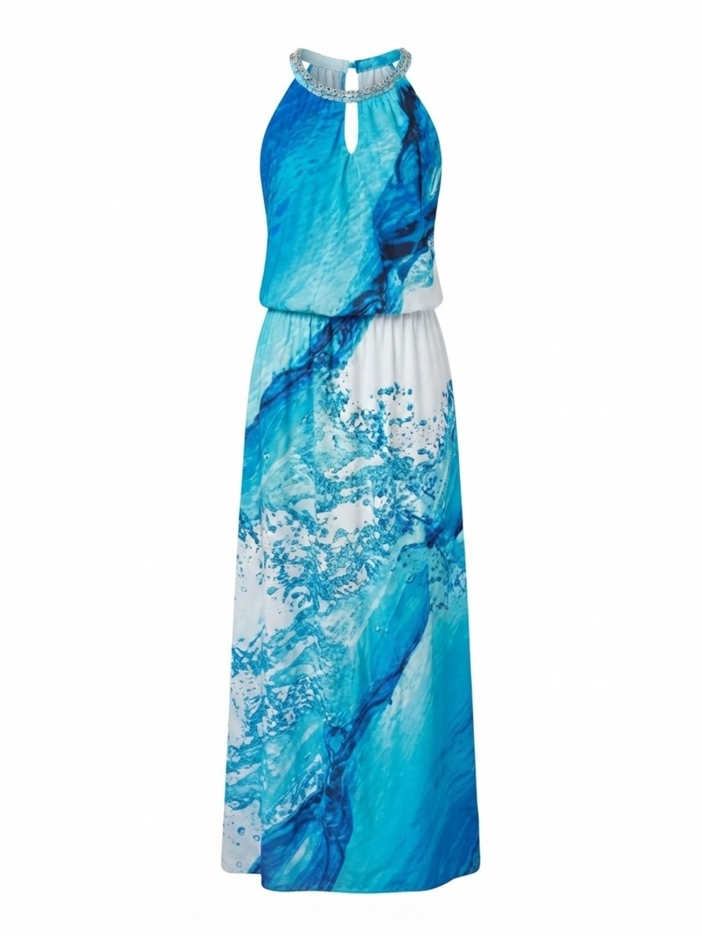Style & Co. Blue and White Beaded Halter Maxi Dress